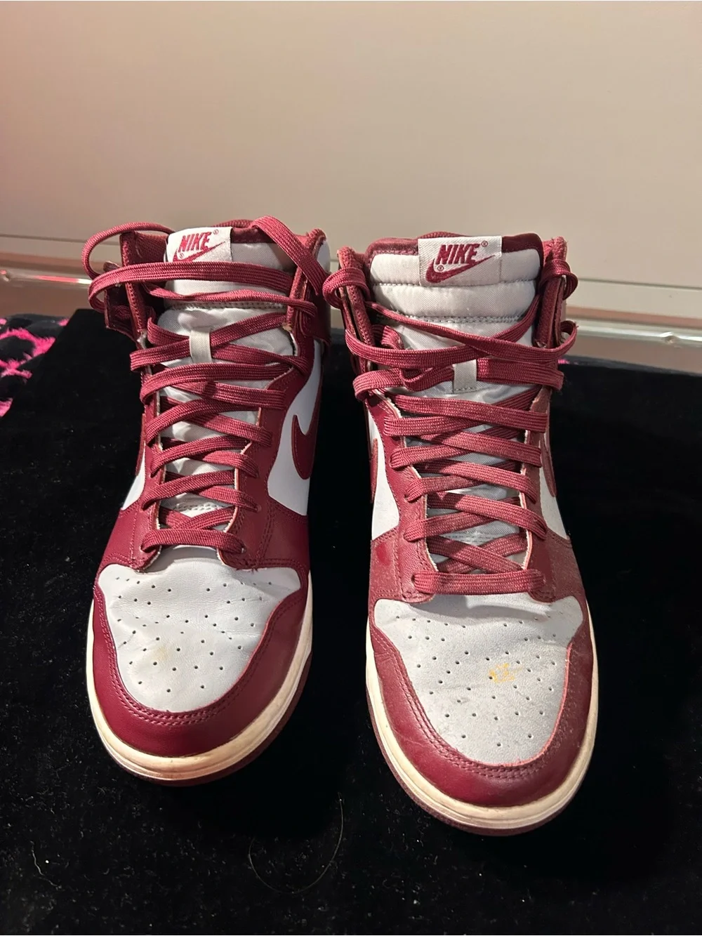Nike Dunks Maroon and White High-Top Sneakers